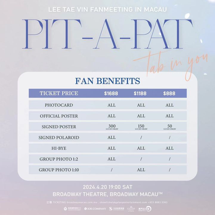 澳門優惠 即將開賣 LEE TAE VIN TAB IN YOU PIT A PAT FANMEETING IN MACAU9折優惠 2